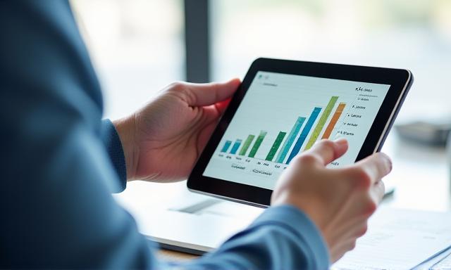 Professional using tablet to review financial growth graphs