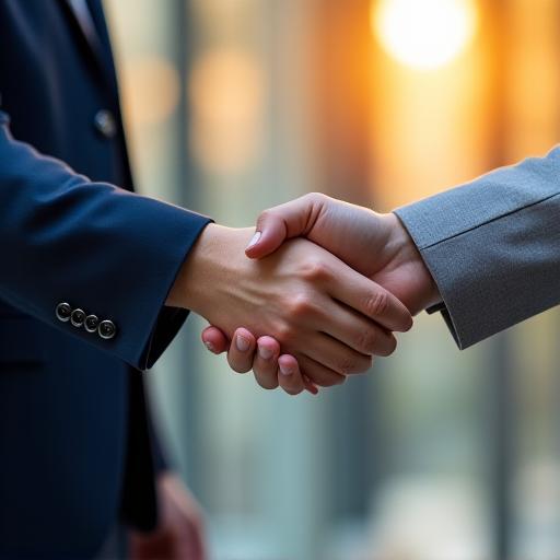 Professional hand reaching out to shake hands in a sunlit office