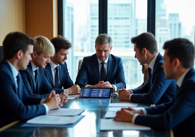 Financial advisors discussing strategic planning around a desk